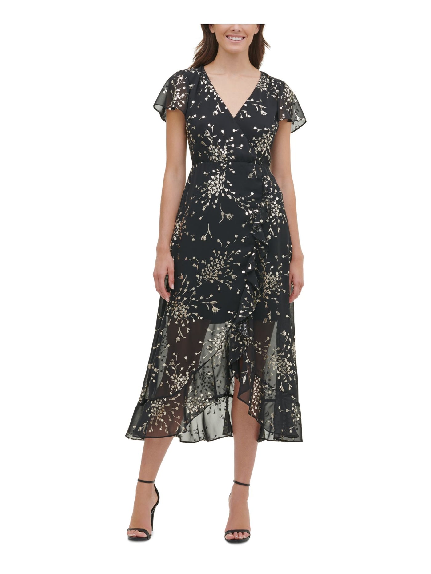 KENSIE Womens Black Floral Short Sleeve V Neck Maxi Hi-Lo Dress 10
