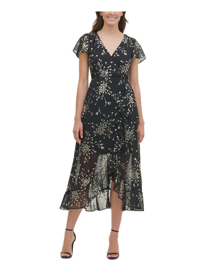 KENSIE Womens Black Floral Short Sleeve V Neck Maxi Hi-Lo Dress 10