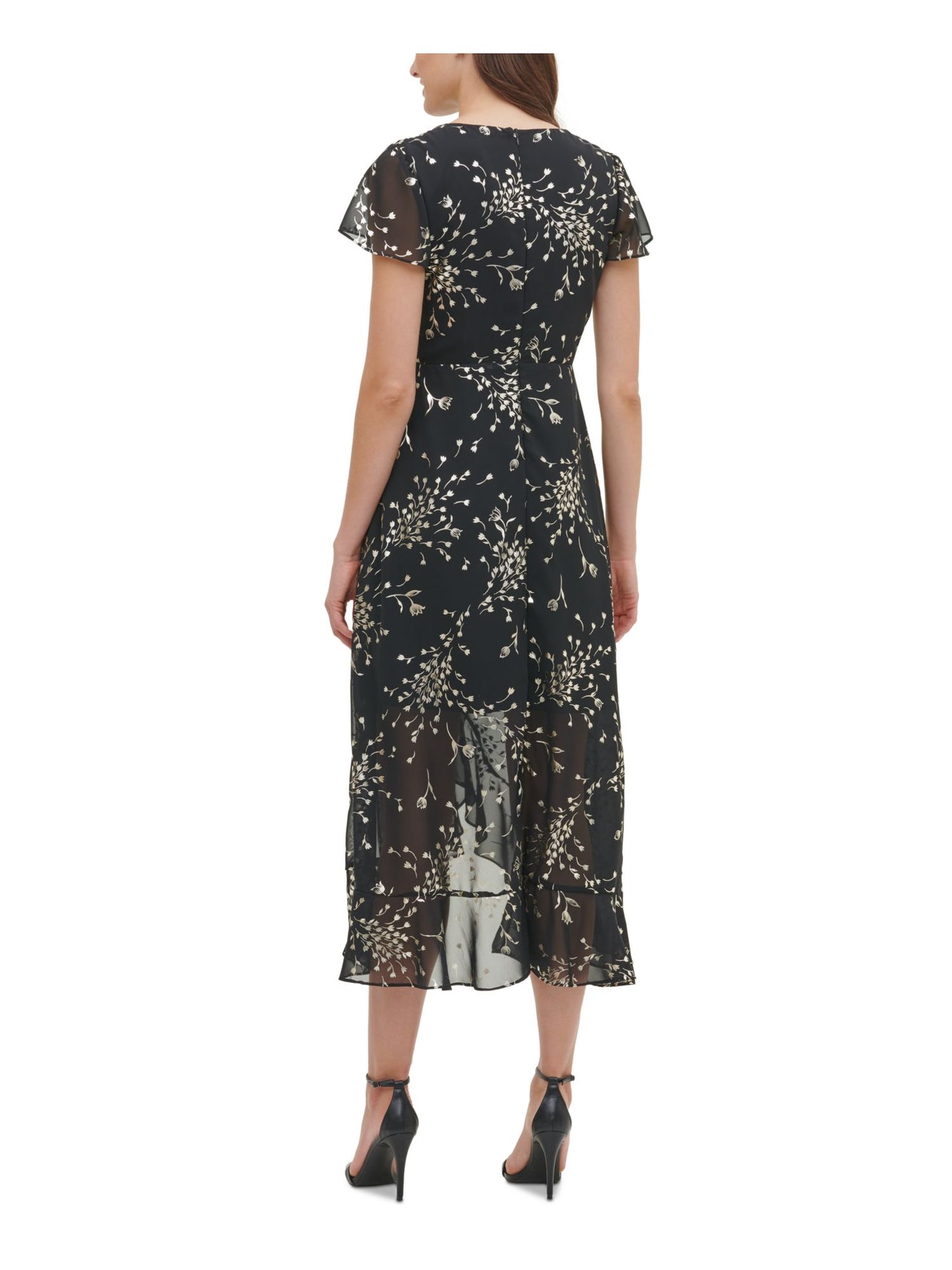 KENSIE Womens Black Floral Short Sleeve V Neck Maxi Hi-Lo Dress 10