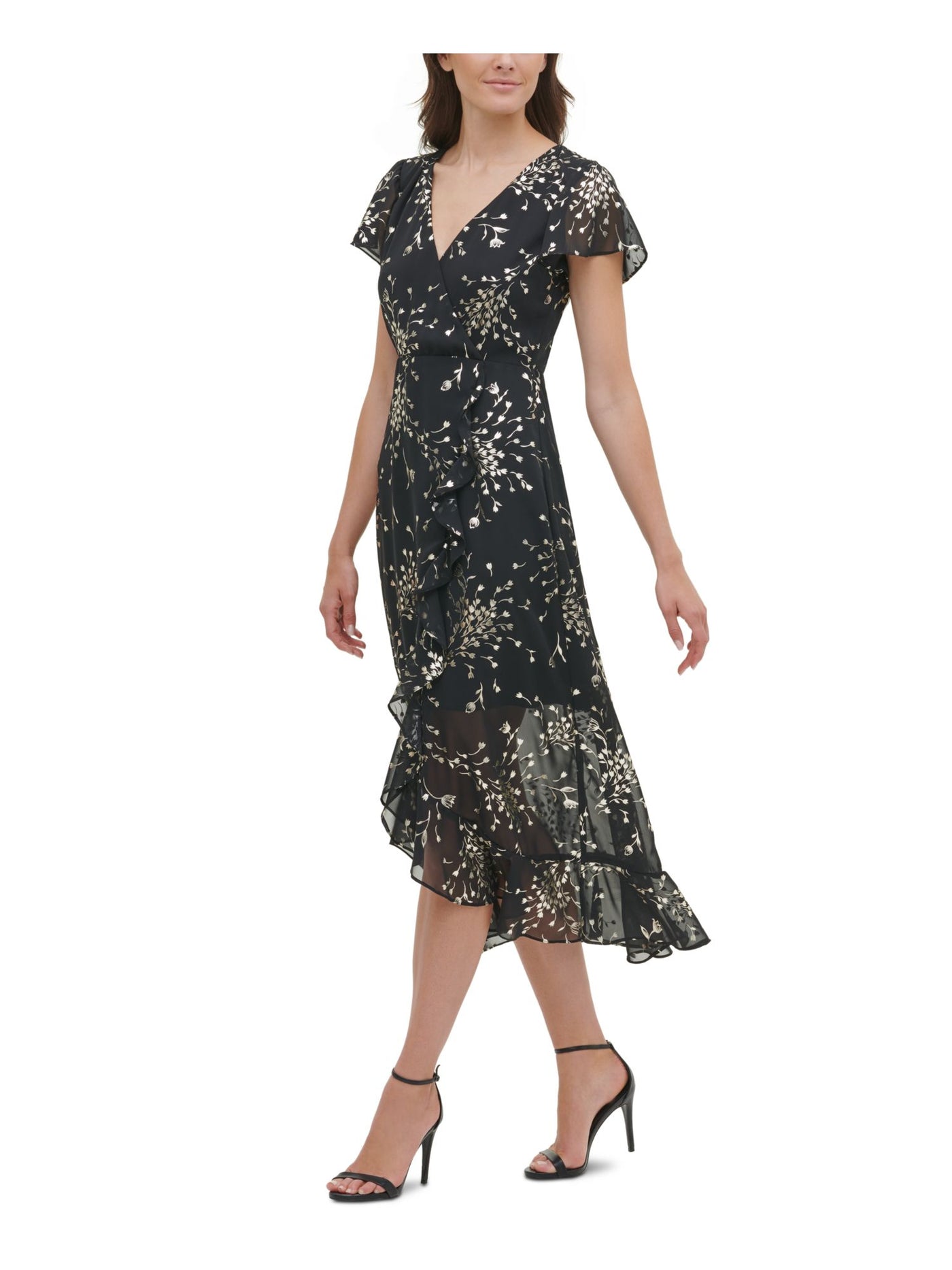 KENSIE Womens Black Floral Short Sleeve V Neck Maxi Hi-Lo Dress 10