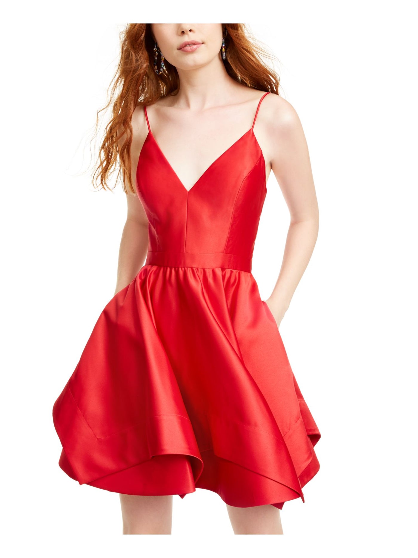 BLONDIE Womens Spaghetti Strap V Neck Short Cocktail Fit + Flare Dress