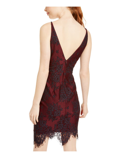 BLONDIE Womens Burgundy Lace Floral Sleeveless V Neck Above The Knee Party Pencil Dress 3