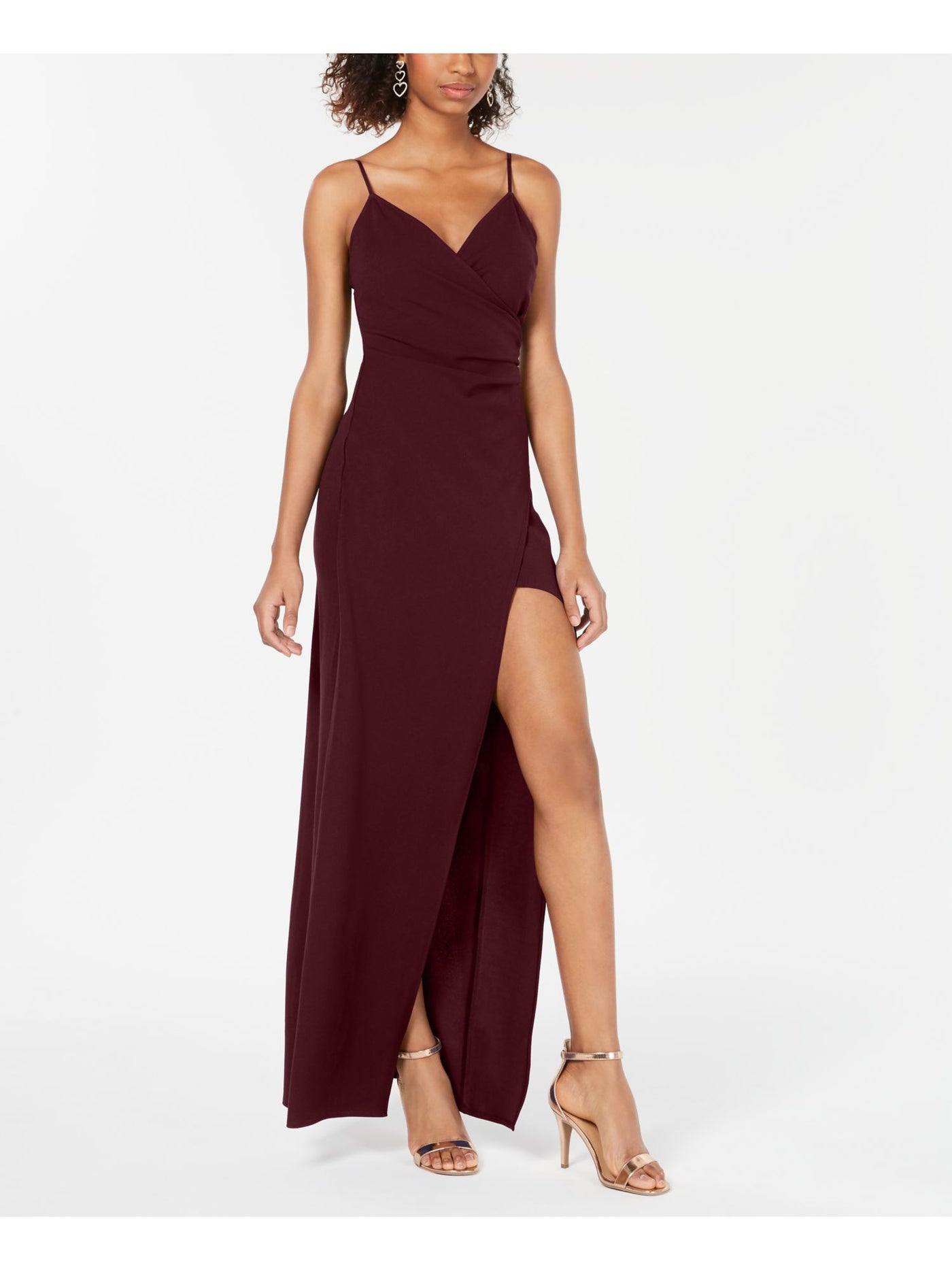 EMERALD SUNDAE Womens Burgundy Slitted High Spaghetti Strap V Neck Full-Length Evening Faux Wrap Dress Juniors XXS