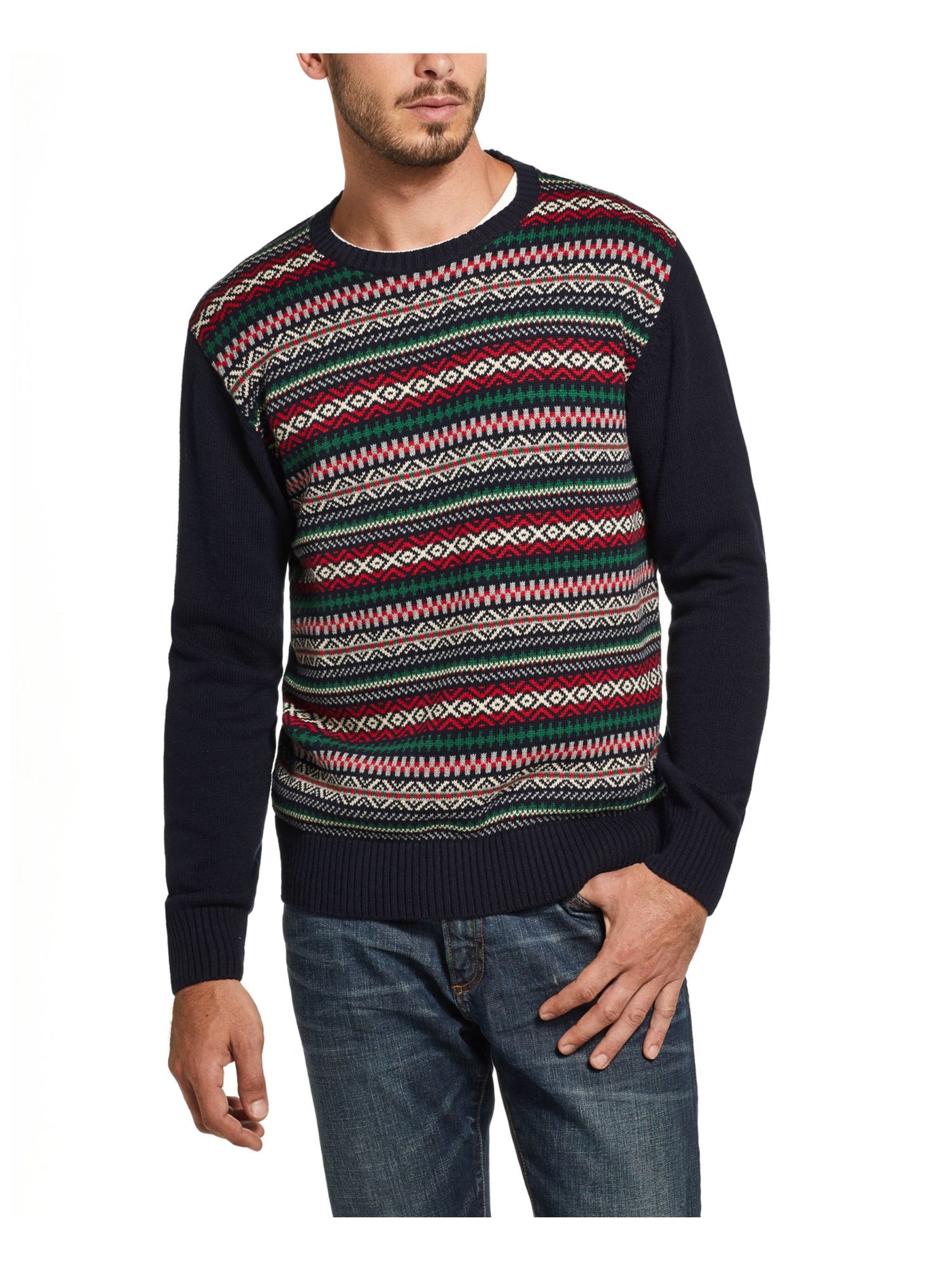 WEATHERPROOF VINTAGE Mens Navy Patterned Crew Neck Classic Fit Knit Pullover Sweater S