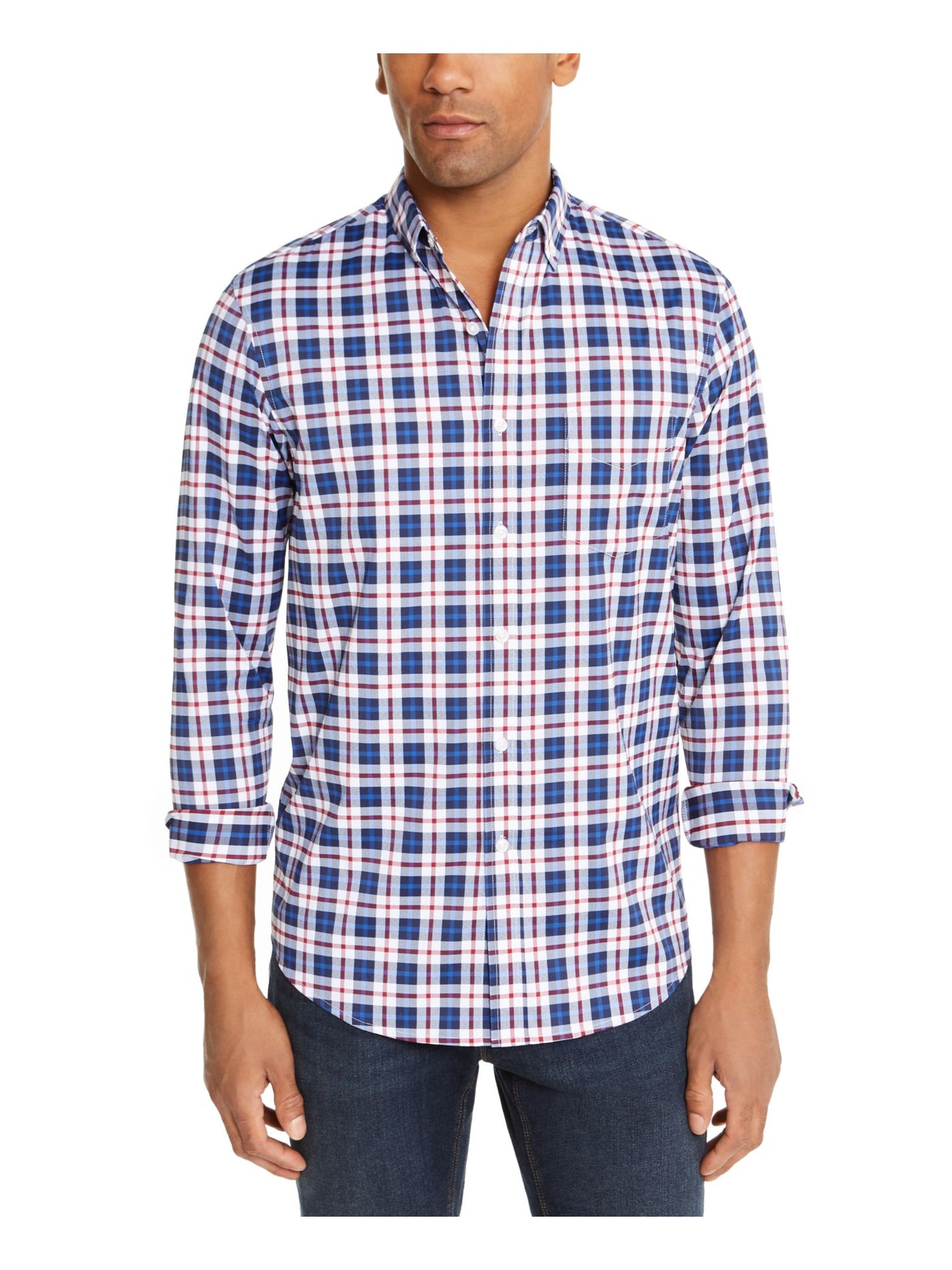 CLUBROOM Mens Blue Plaid Collared Button Down Shirt S