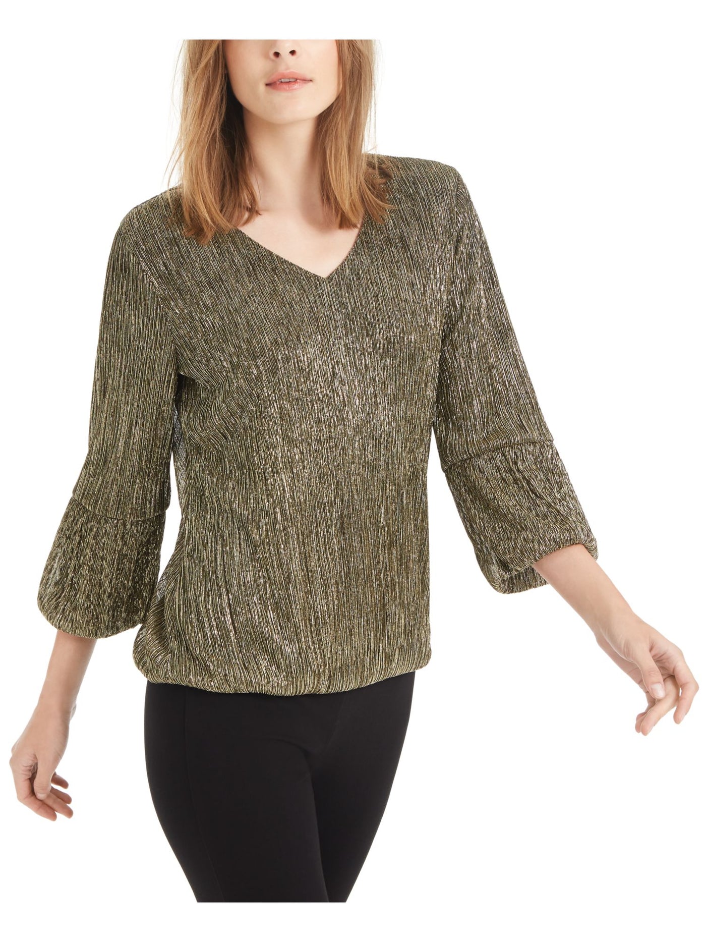 ALFANI Womens Gold Metallic Bubble 3/4 Sleeve V Neck Party Top Petites PP