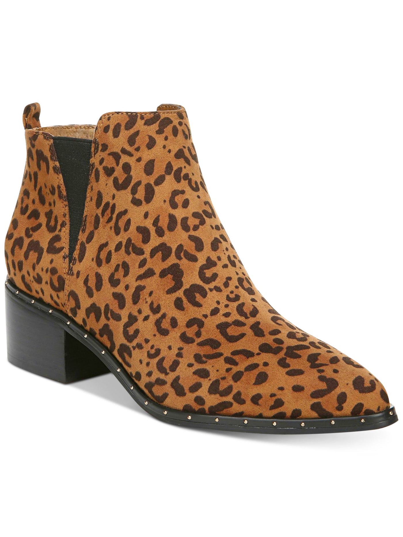 BAR III Womens Brown Leopard Print Back Pull Loop Studded Stretch Gabby Almond Toe Block Heel Slip On Booties 7 M