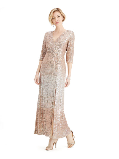 R&M RICHARDS PETITE Womens Beige Sequined Zippered 3/4 Sleeve V Neck Full-Length Formal Faux Wrap Dress Petites 4P