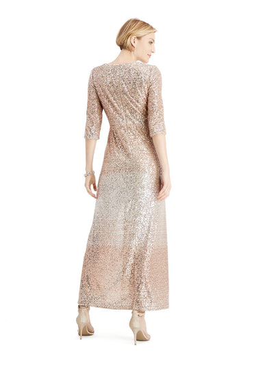 R&M RICHARDS PETITE Womens Beige Sequined Zippered 3/4 Sleeve V Neck Full-Length Formal Faux Wrap Dress Petites 4P