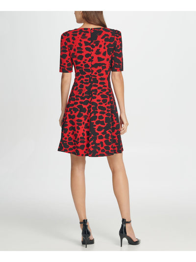 DKNY Womens Red Zippered Animal Print Short Sleeve Jewel Neck Above The Knee Fit + Flare Dress 12