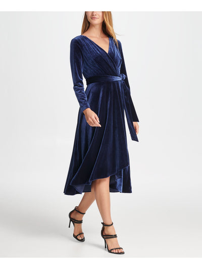 DKNY Womens Navy Long Sleeve V Neck Tea-Length Evening Wrap Dress 6