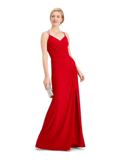 ADRIANNA PAPELL Womens Red Ruched Zippered Spaghetti Strap V Neck Full-Length Formal Fit + Flare Dress 4