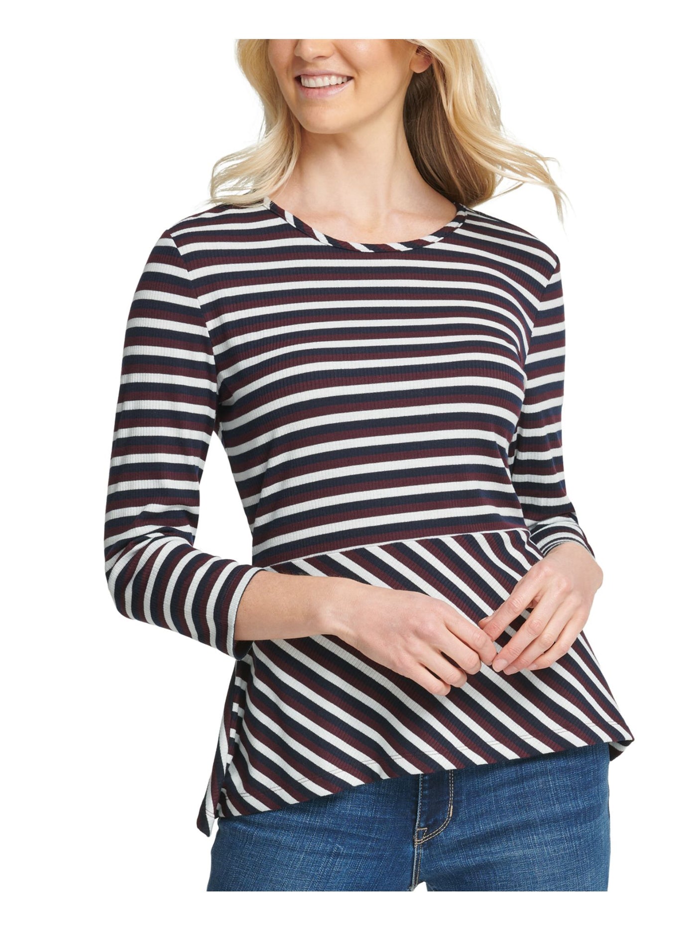 DKNY Womens Black Striped Long Sleeve Jewel Neck Top S