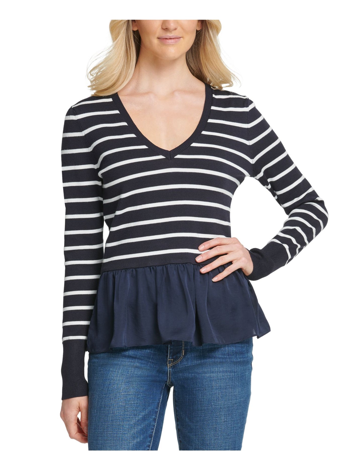 DKNY Womens Navy Striped Long Sleeve Top Size: L