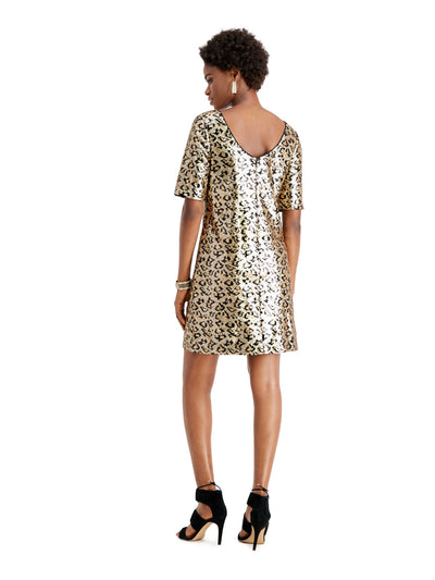 BETSEY JOHNSON Womens Gold Low Back Animal Print Short Sleeve Crew Neck Short Cocktail Shift Dress 0