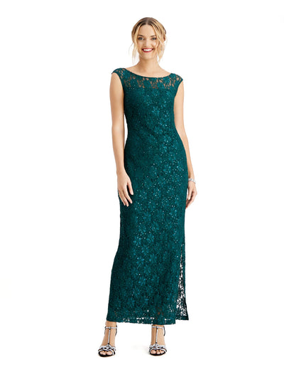 CONNECTED APPAREL Womens Green Embroidered Rhinestone Slit Floral Sleeveless Cowl Neck Maxi Evening Sheath Dress 6