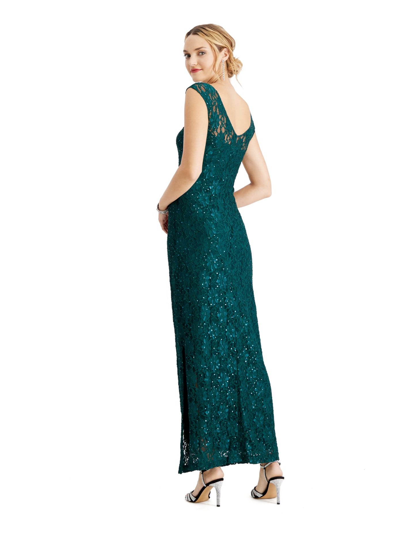 CONNECTED APPAREL Womens Green Embroidered Rhinestone Slit Floral Sleeveless Cowl Neck Maxi Evening Sheath Dress 6