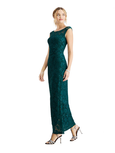 CONNECTED APPAREL Womens Green Embroidered Rhinestone Slit Floral Sleeveless Cowl Neck Maxi Evening Sheath Dress 6