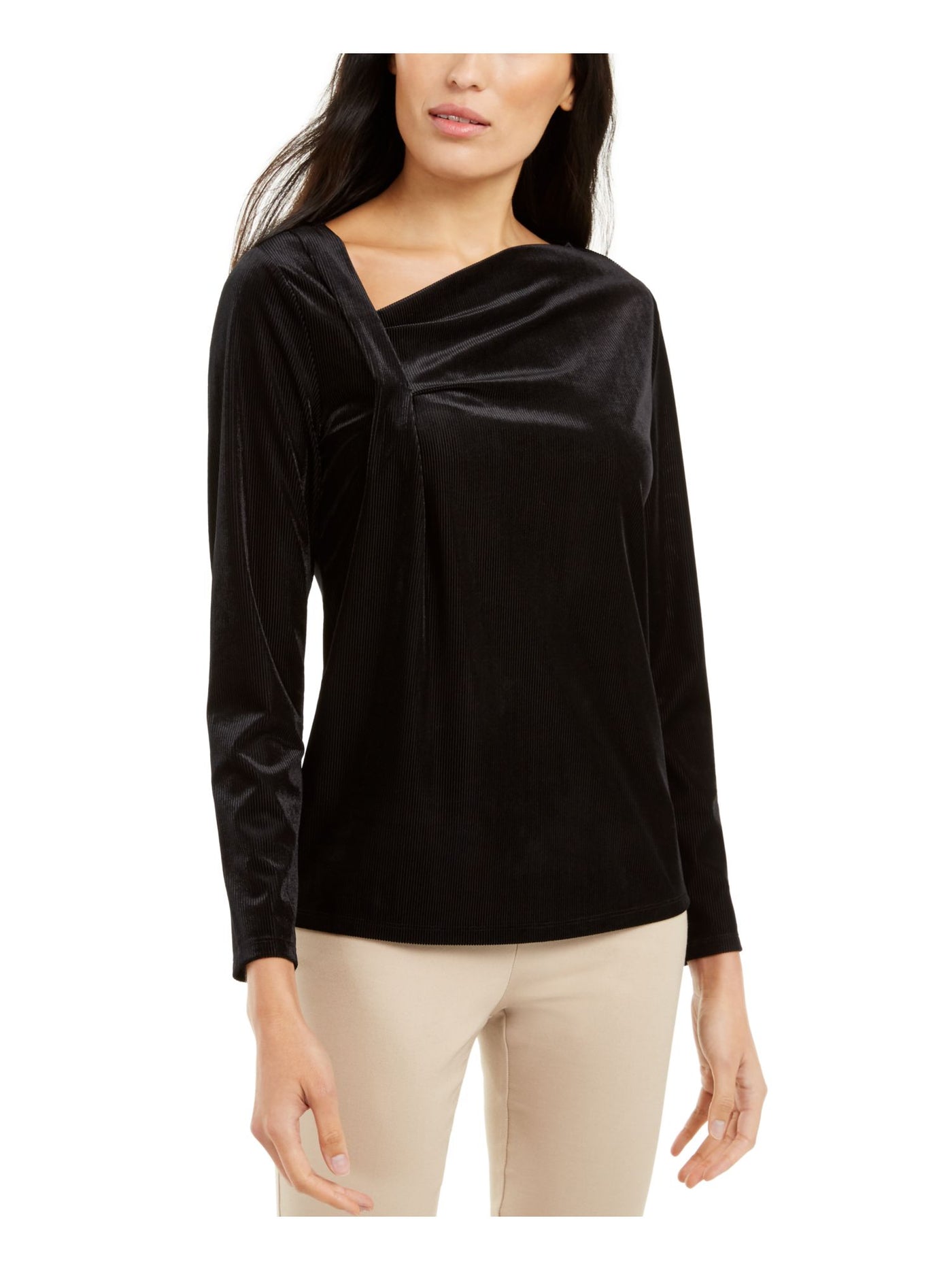 ALFANI Womens Black Textured Long Sleeve Asymmetrical Neckline Top XS