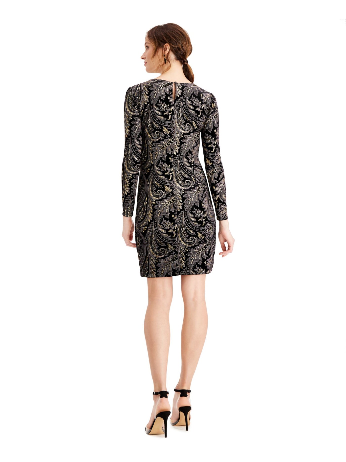 MONTEAU Womens Black Glitter Paisley Long Sleeve Jewel Neck Above The Knee Evening Body Con Dress 12