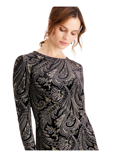 MONTEAU Womens Black Glitter Paisley Long Sleeve Jewel Neck Above The Knee Evening Body Con Dress 12