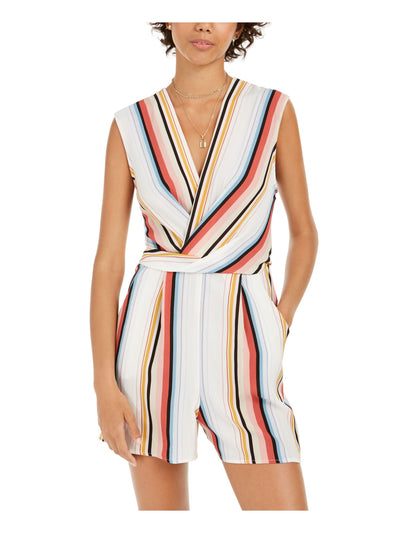 SPEECHLESS Womens White Striped Sleeveless V Neck Romper L