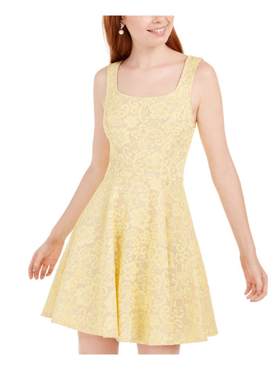 SPEECHLESS Womens Yellow Lace Zippered Sleeveless Square Neck Short Party Fit + Flare Dress Juniors 3