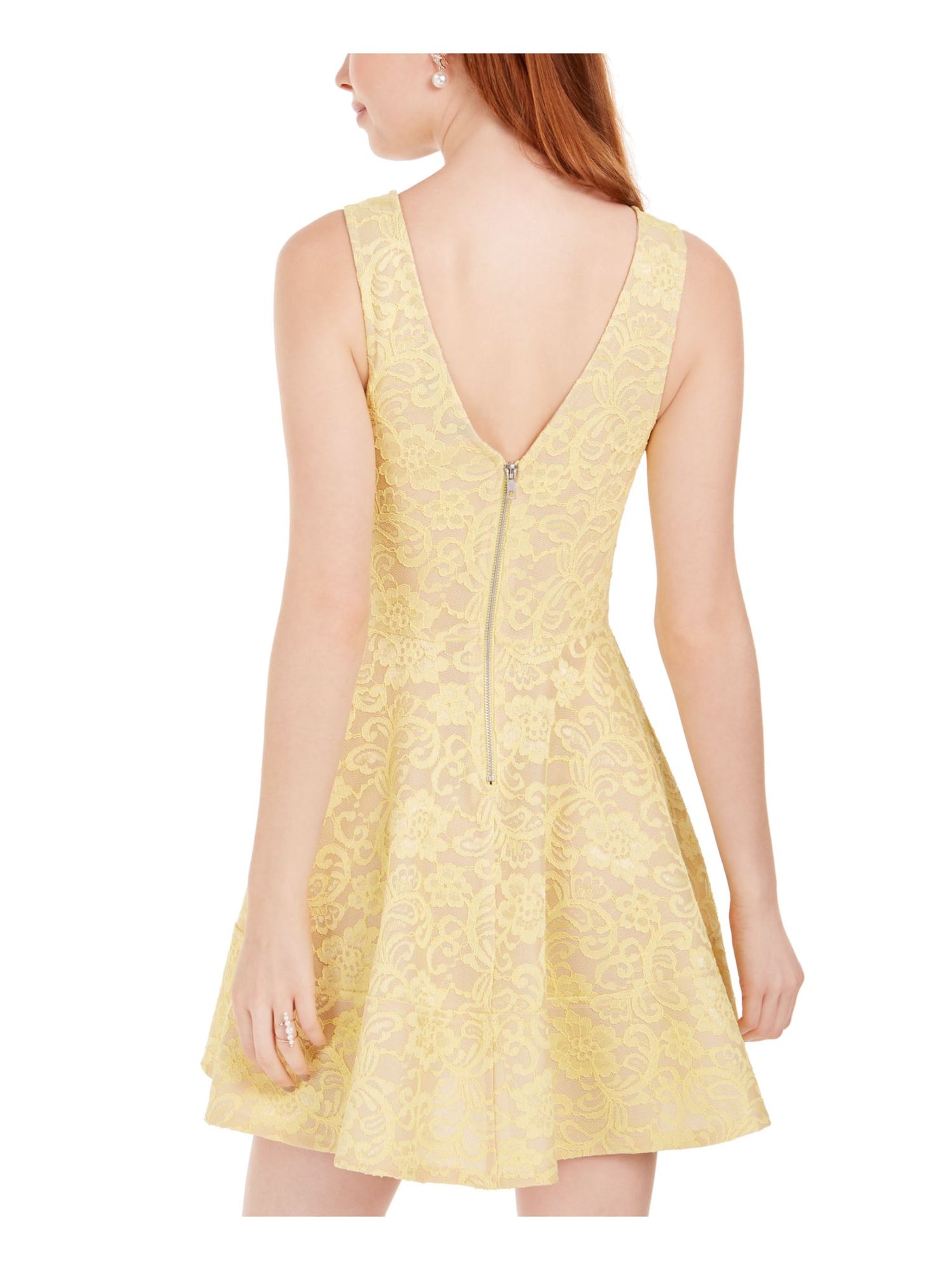 SPEECHLESS Womens Yellow Lace Zippered Sleeveless Square Neck Short Party Fit + Flare Dress Juniors 3