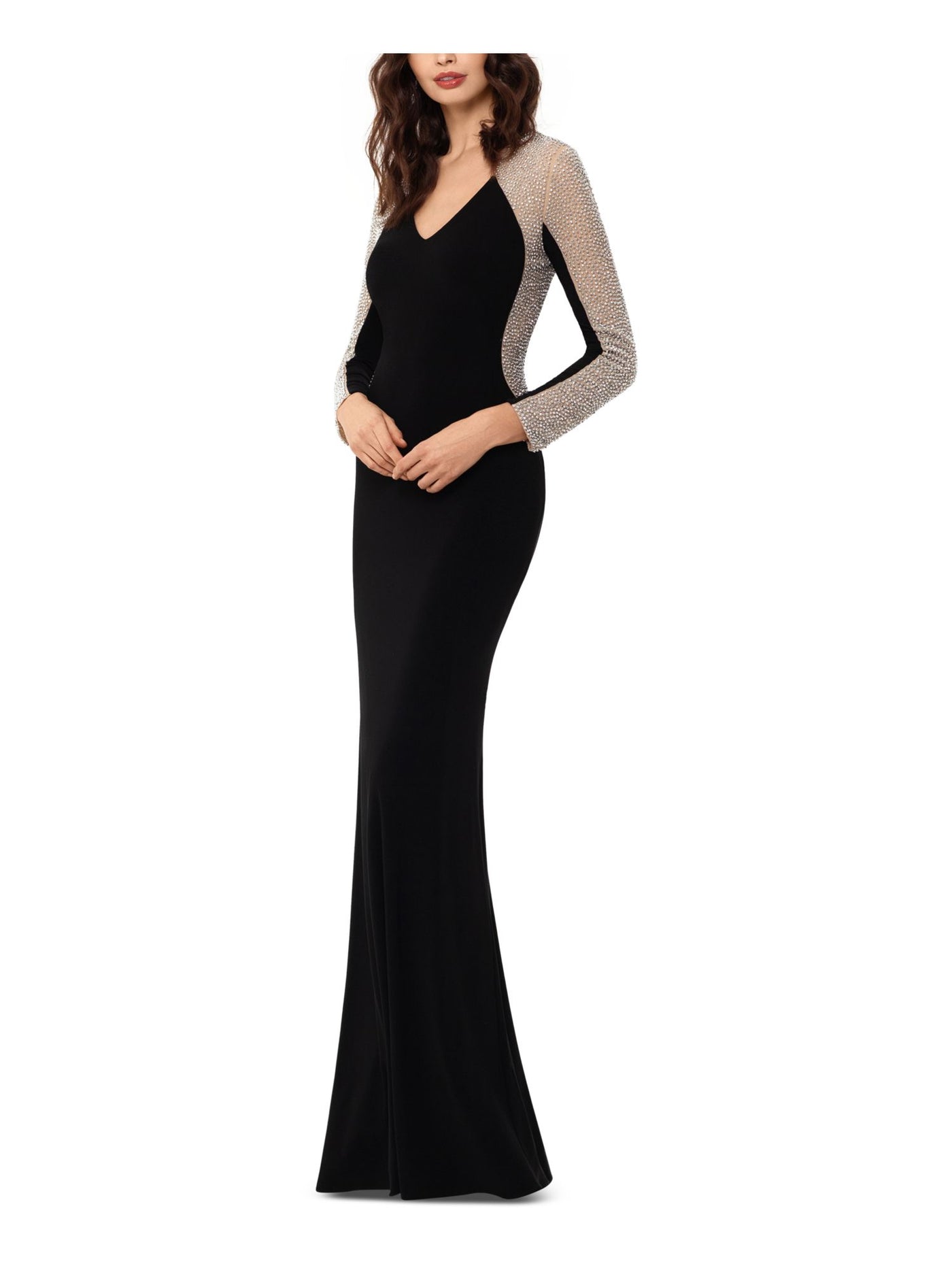 XSCAPE Womens Black Embellished Zippered Mesh Long Sleeve V Neck Full-Length Evening Mermaid Dress Petites 12P