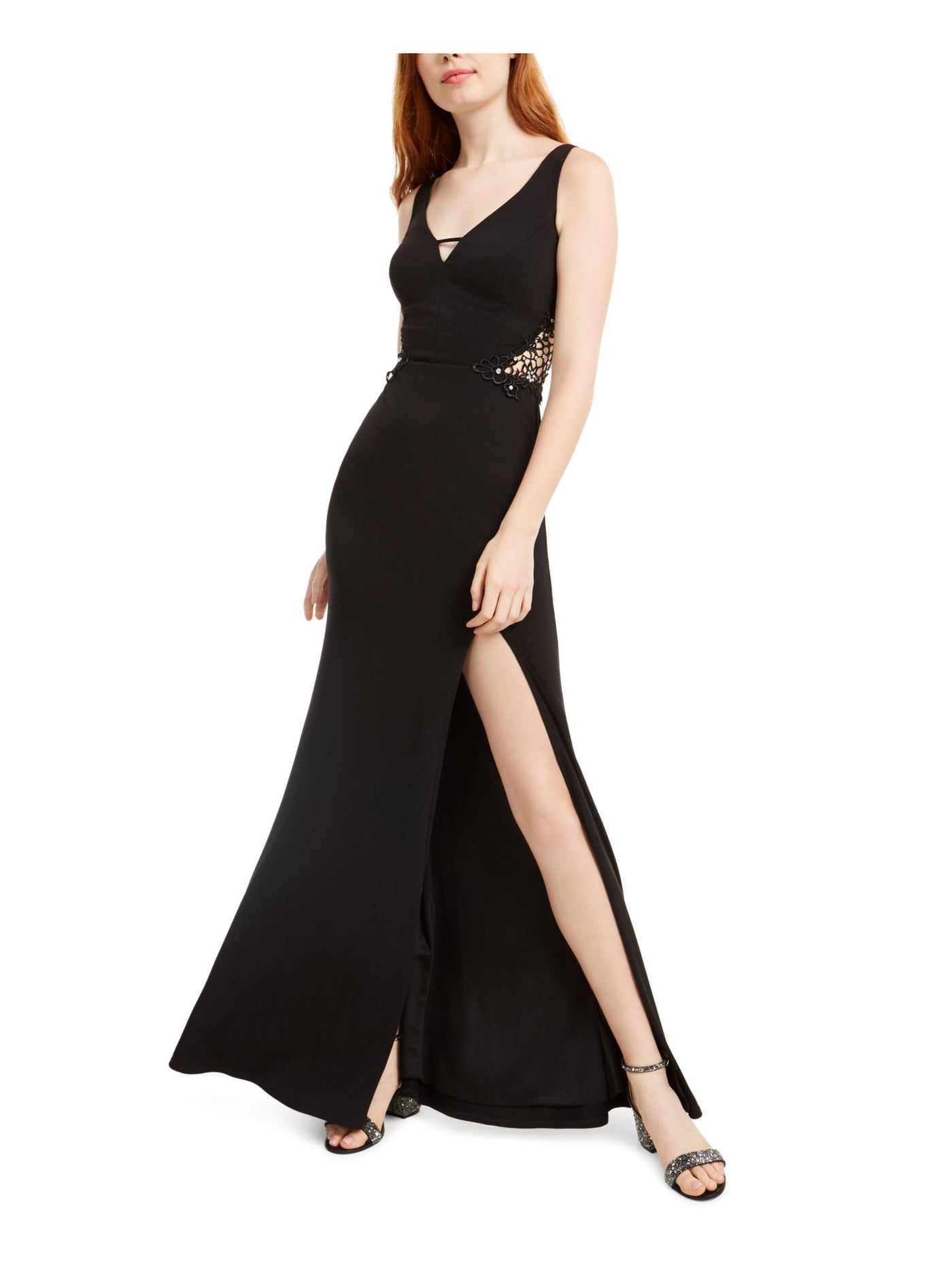 CITY STUDIO Womens Black Embellished Sleeveless V Neck Maxi Evening Sheath Dress 3