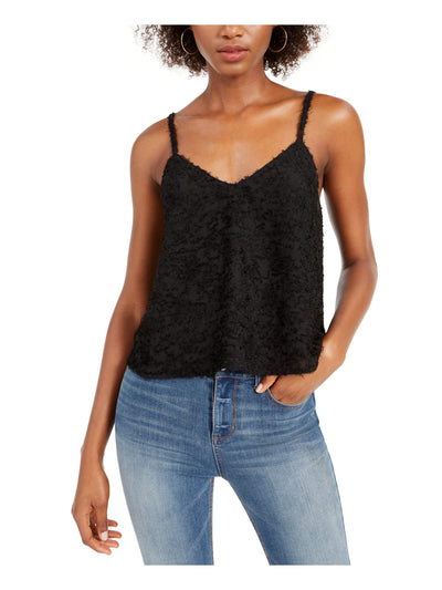 LEYDEN Womens Black Textured Spaghetti Strap V Neck Evening Top M