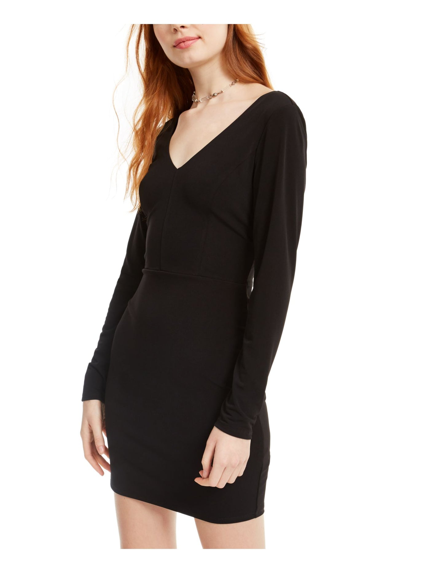 CRYSTAL DOLLS Womens Black Low Back Long Sleeve V Neck Short Party Body Con Dress XS