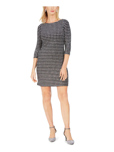 JESSICA HOWARD Womens Black Glitter Houndstooth Long Sleeve Jewel Neck Short Cocktail Sheath Dress 10