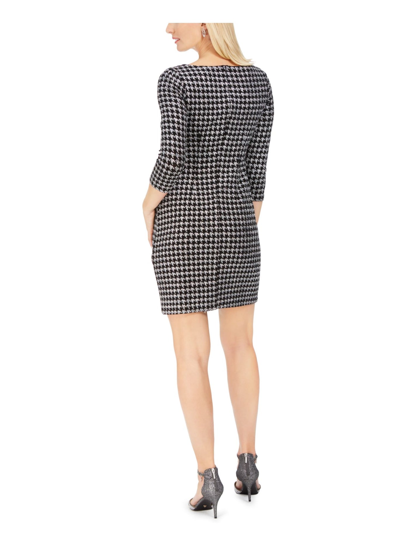 JESSICA HOWARD Womens Silver Glitter Houndstooth Long Sleeve Jewel Neck Short Cocktail Sheath Dress 14