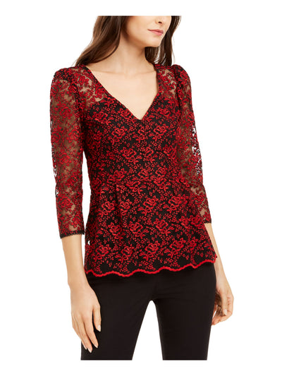 NANETTE LEPORE Womens Red Sheer Floral 3/4 Sleeve V Neck Top Size: 6