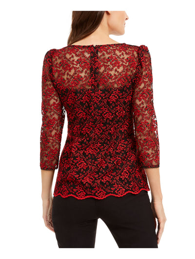 NANETTE LEPORE Womens Red Sheer Floral 3/4 Sleeve V Neck Top Size: 6