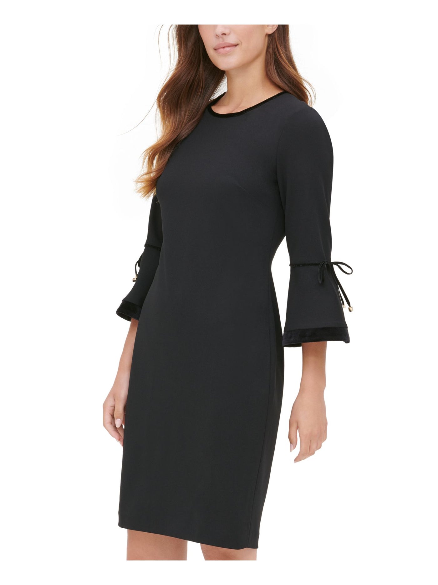 CALVIN KLEIN Womens Black Embellished Bell Sleeve Jewel Neck Above The Knee Evening Sheath Dress 2