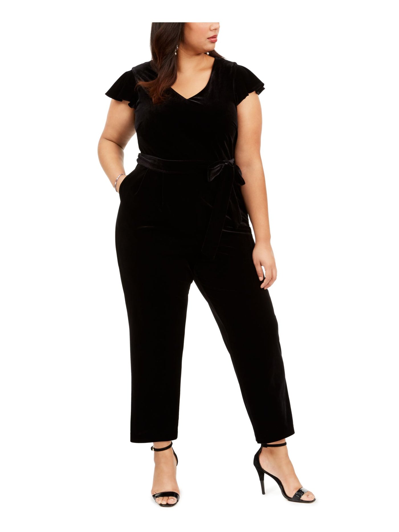 JESSICA HOWARD Womens Belted Short Sleeve V Neck Jumpsuit Boot Cut