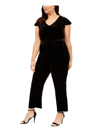 JESSICA HOWARD Womens Belted Short Sleeve V Neck Jumpsuit Boot Cut