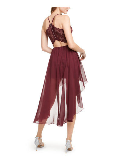 EMERALD SUNDAE Womens Maroon Embellished Spaghetti Strap V Neck Midi Cocktail Hi-Lo Dress S