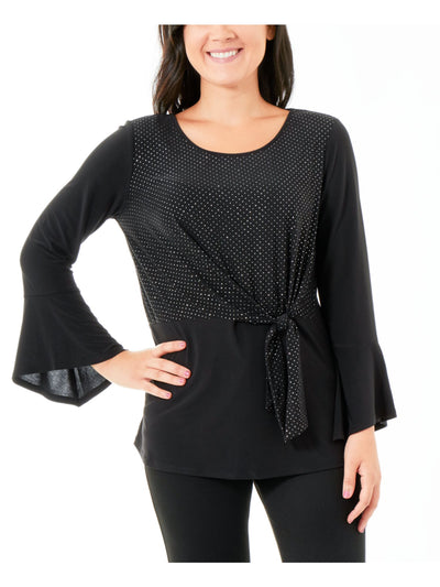 NY COLLECTION Womens Black Embellished Bell Sleeve Scoop Neck Top Petites PXS