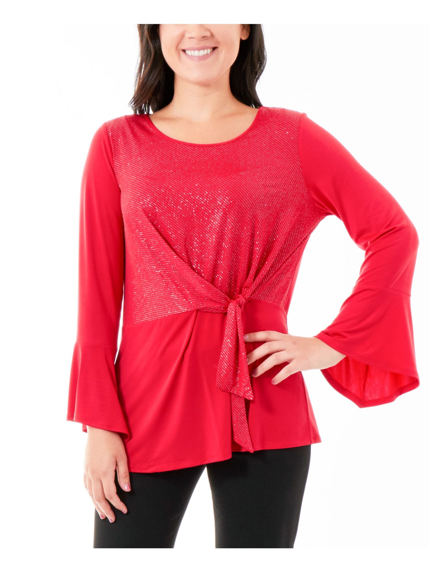 NY COLLECTION Womens Red Embellished Bell Sleeve Scoop Neck Top Petites PXL