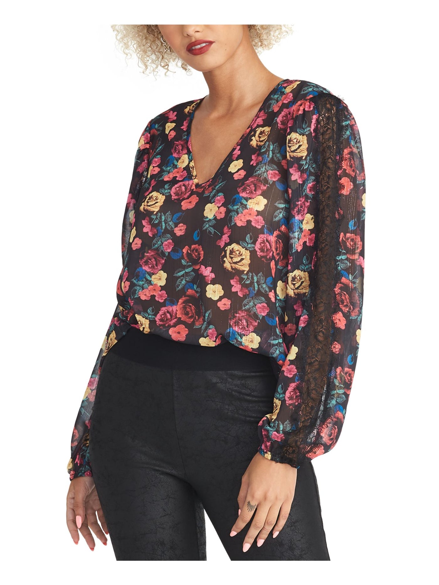 RACHEL RACHEL ROY Womens Black Floral Long Sleeve V Neck Wear To Work Blouse XS