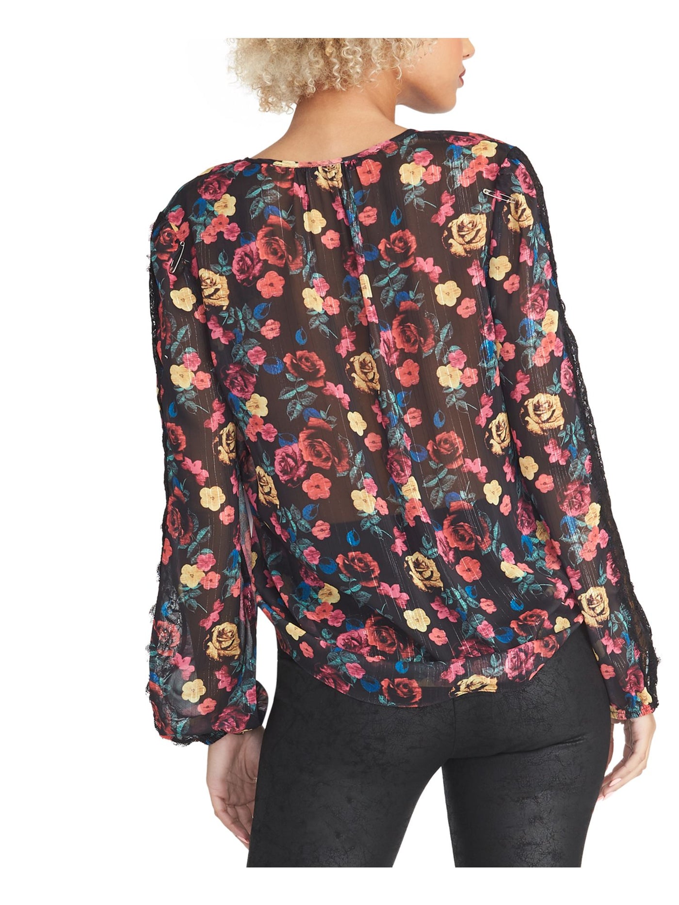 RACHEL RACHEL ROY Womens Black Floral Long Sleeve V Neck Wear To Work Blouse XS