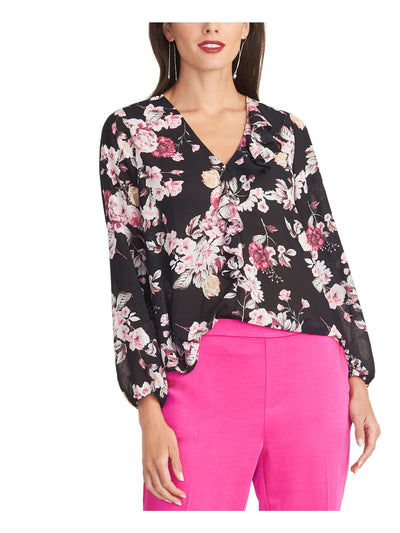 RACHEL RACHEL ROY Womens Black Floral Long Sleeve V Neck Top L