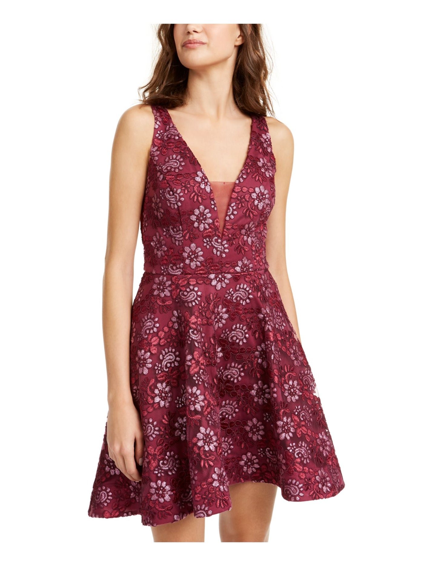 B DARLIN Womens Burgundy Embroidered Mesh Mesh Sleeveless V Neck Short Cocktail Fit + Flare Dress 3\4