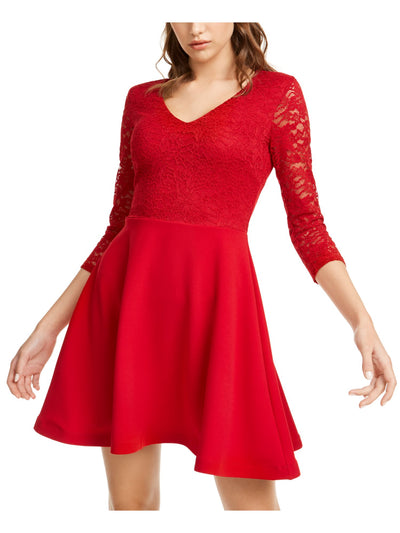 B DARLIN Womens Red Lace 3/4 Sleeve V Neck Short Party Blouson Dress 1\2