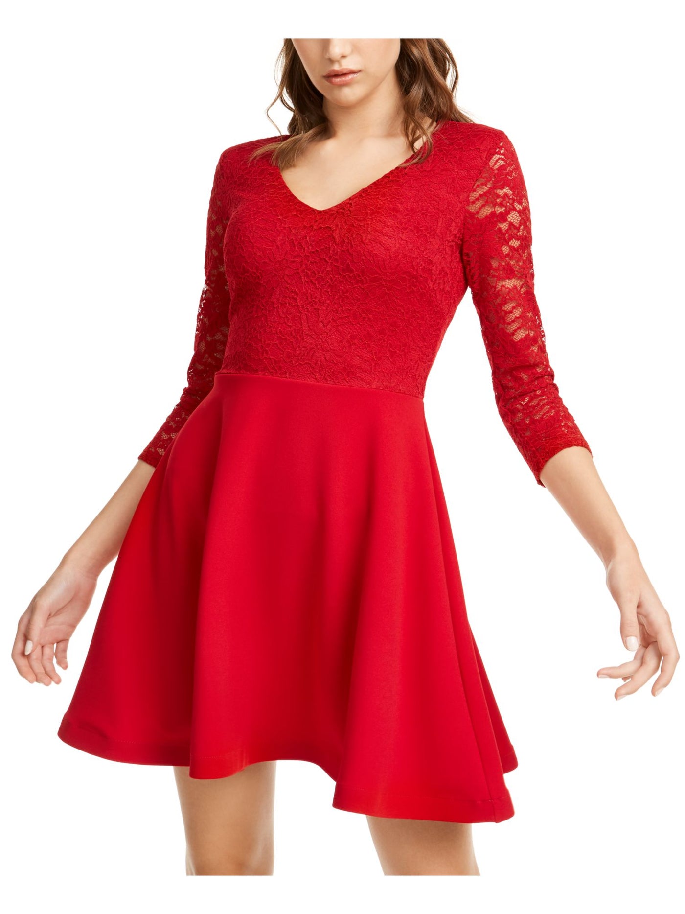 B DARLIN Womens Red Lace 3/4 Sleeve V Neck Short Party Blouson Dress 9\10