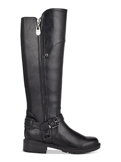 GBG Womens Black Lug Sole Double Gores Buckle And Grommet Hardware Logo Cushioned Ankle Strap Tealin Round Toe Block Heel Zip-Up Riding Boot 6 M WC