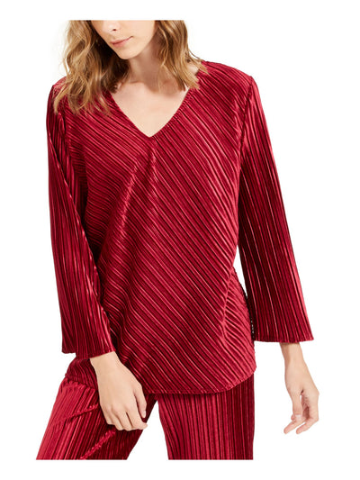 ALFANI Womens Maroon Ribbed Long Sleeve V Neck Top XS